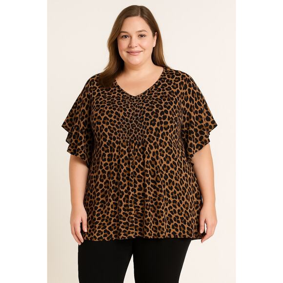 Catherines Plus Size 3X Tunic Top – Leopard Print, Pleated, Flutter Sleeves - Picture 1 of 7